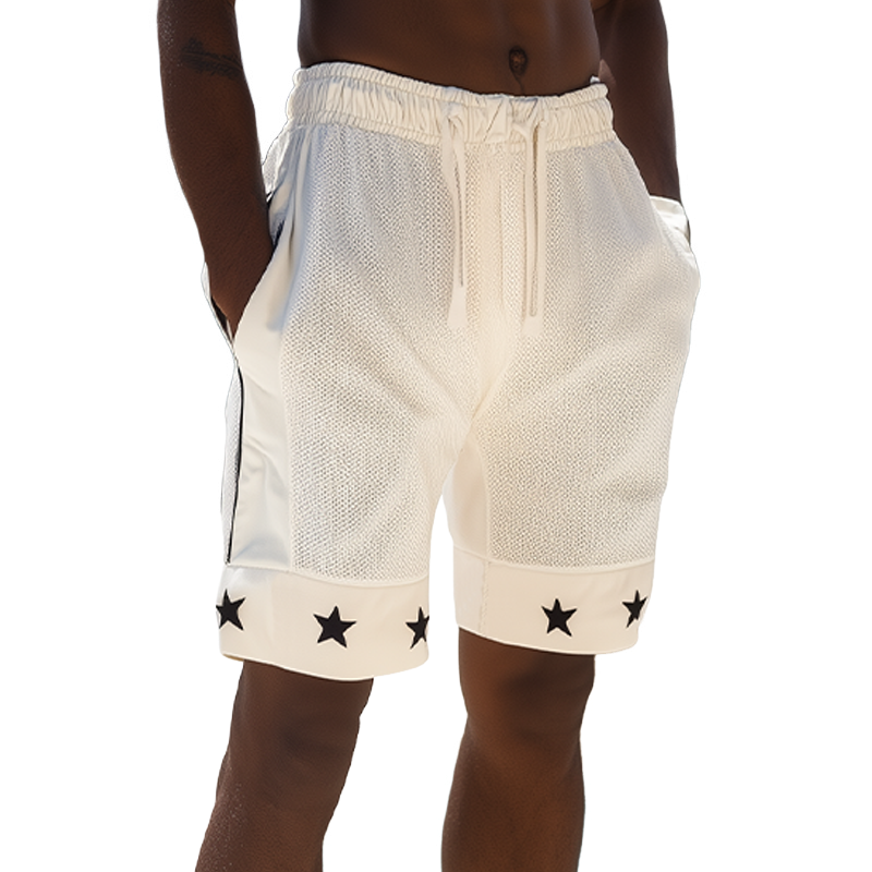 Men's Spring And Summer Fashion Casual Breathable Mesh Fabric Splicing Cotton Blend Hem Print Elastic Waist Shorts MTA2577F2K
