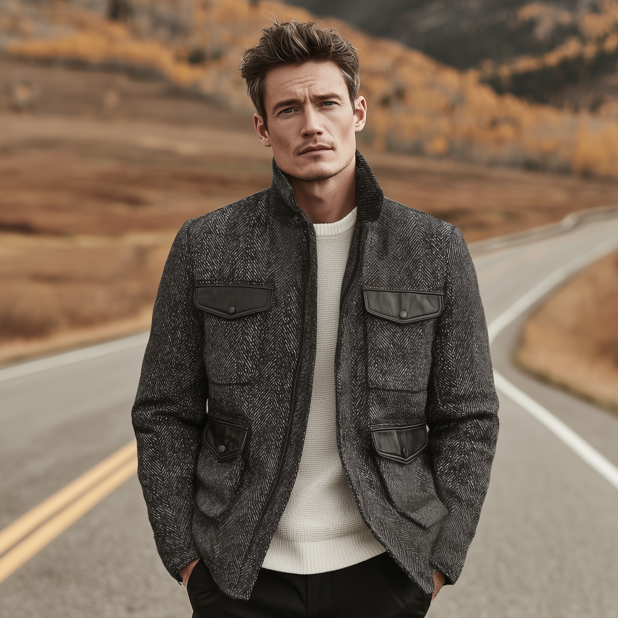 Men's Classic Casual Stand-up Collar Pocket Stitching PU Leather Zipper Herringbone Jacket MTA1525I9K