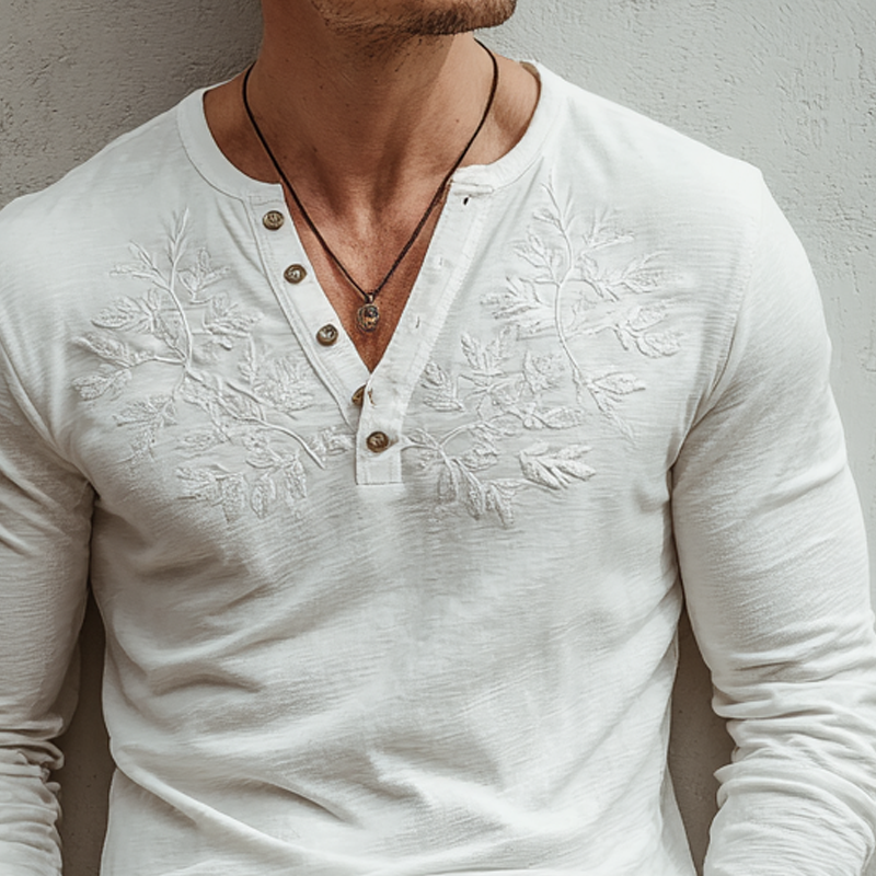 Men's Solid Color Embroidered Leaf Cotton Linen Blend Henley Collar Long Sleeve T-Shirt MTA1737K0X