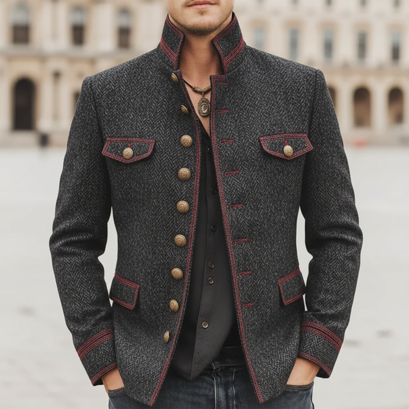 Men's Classic Stand-up Collar Herringbone Faux Wool Slim-fit Jacket MTA1571K0U