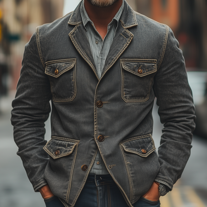 Men's Casual Outdoor Denim Washed Distressed Notch Lapel Single-breasted Multi-pocket Safari Jacket MTA1413H0M