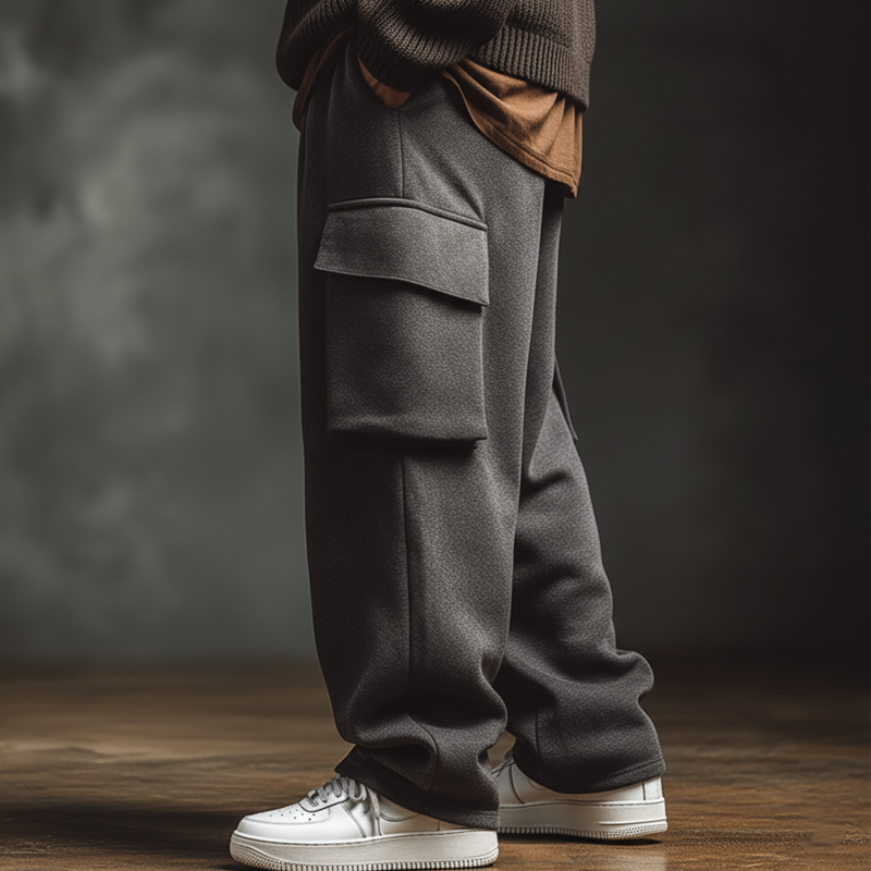 Men's Casual Dark Gray Cotton Blend Wide-leg Drawstring  Pants MTA3116J6U