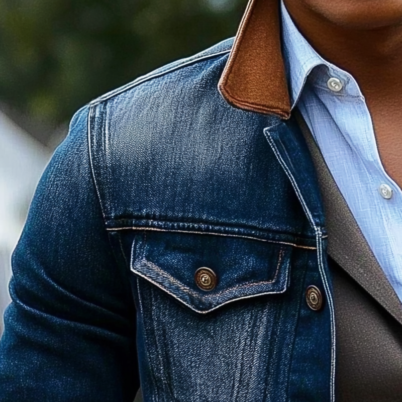 Men's Classic Washed Blue Colorblock Collar Denim Jacket MTA2980H2U