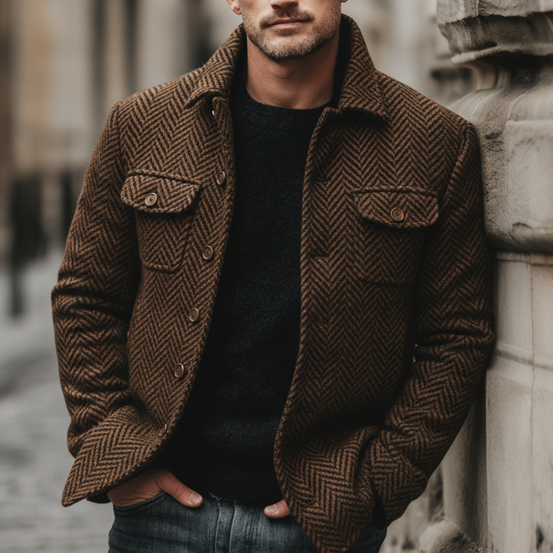 Men's Retro Brown Classic Herringbone Lapel Faux Wool Jacket MTA3171J1U