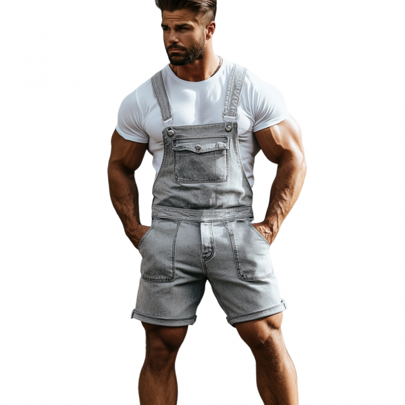 Men's Vintage Washed Distressed Multi-Pocket Denim Shorts Jumpsuit MTA2785E1M
