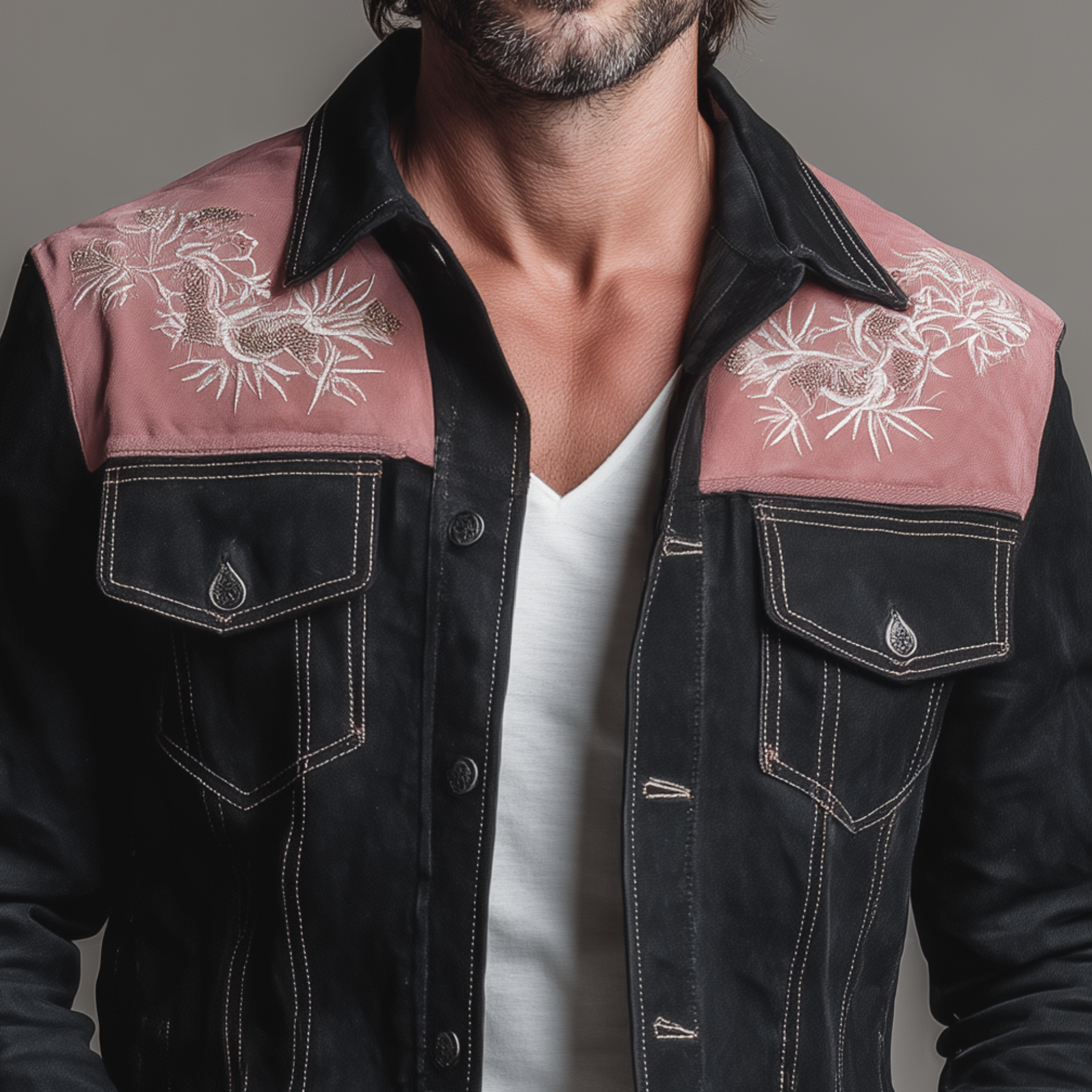 Men's Classic Retro Western Style Pink And Black Suede Patchwork Embroidered Jacket MTA2696H6K