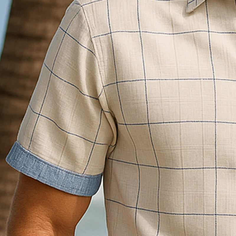 Men's Summer Fashion Simple Denim Patchwork Cotton Short Sleeve Shirt MTA2639E1P