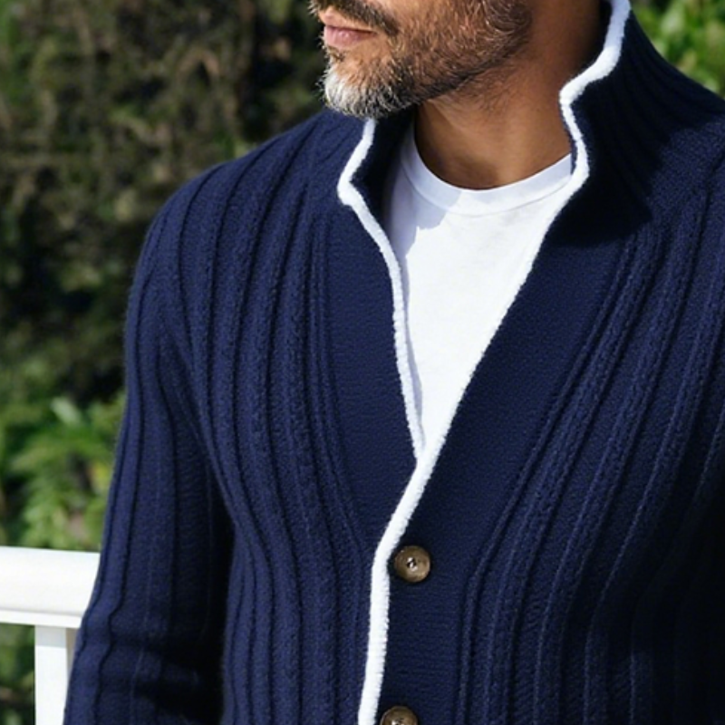 Men's Retro Casual Knitted Colorblock Button Sweater Stand Collar Cardigan MTA1655J8TO
