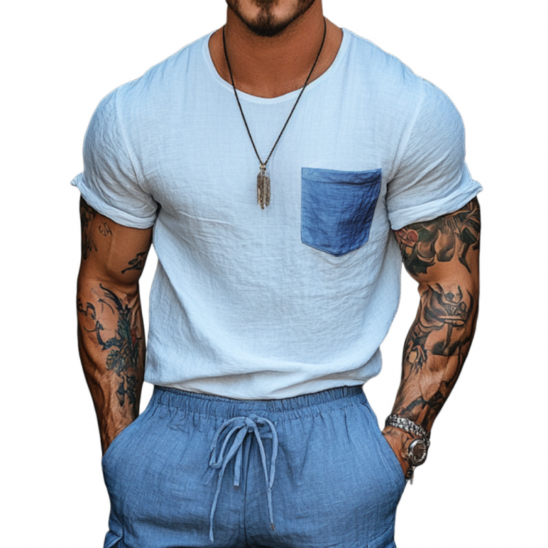 Men's Casual Cotton Linen Round Neck Colorblock Patch Pocket Loose Short Sleeve T-shirt MTA1533E1M