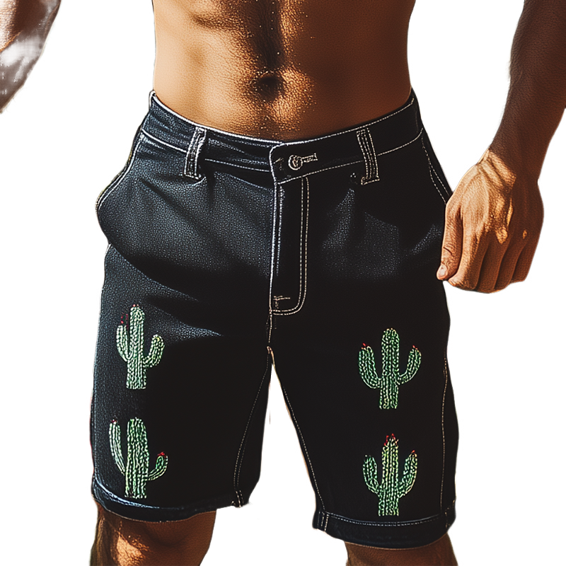 Men's Summer Fashion Italian Sicily Style Washed Denim Cactus Embroidery Casual Shorts MTA1084F5K