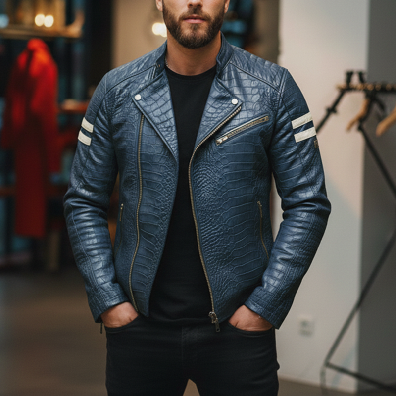 Men's Winter Fashion Crocodile Pattern PU Faux Leather Motorcycle Jacket MTA1758J5P