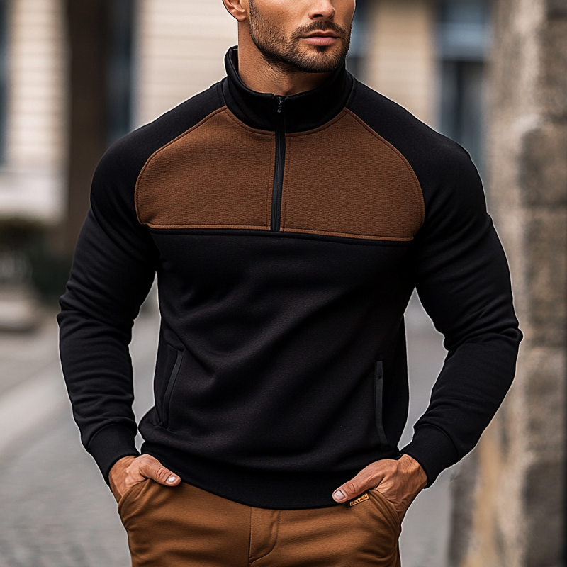 Men's Contrast Color Stand Collar Half Zip Blend Long Sleeve Sweatshirt MTA1309J2X