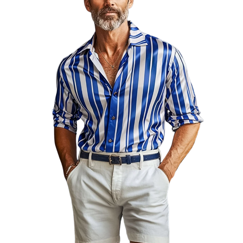 Men's Casual Striped Satin Lapel Loose Long Sleeve Shirt MTA1400E5M