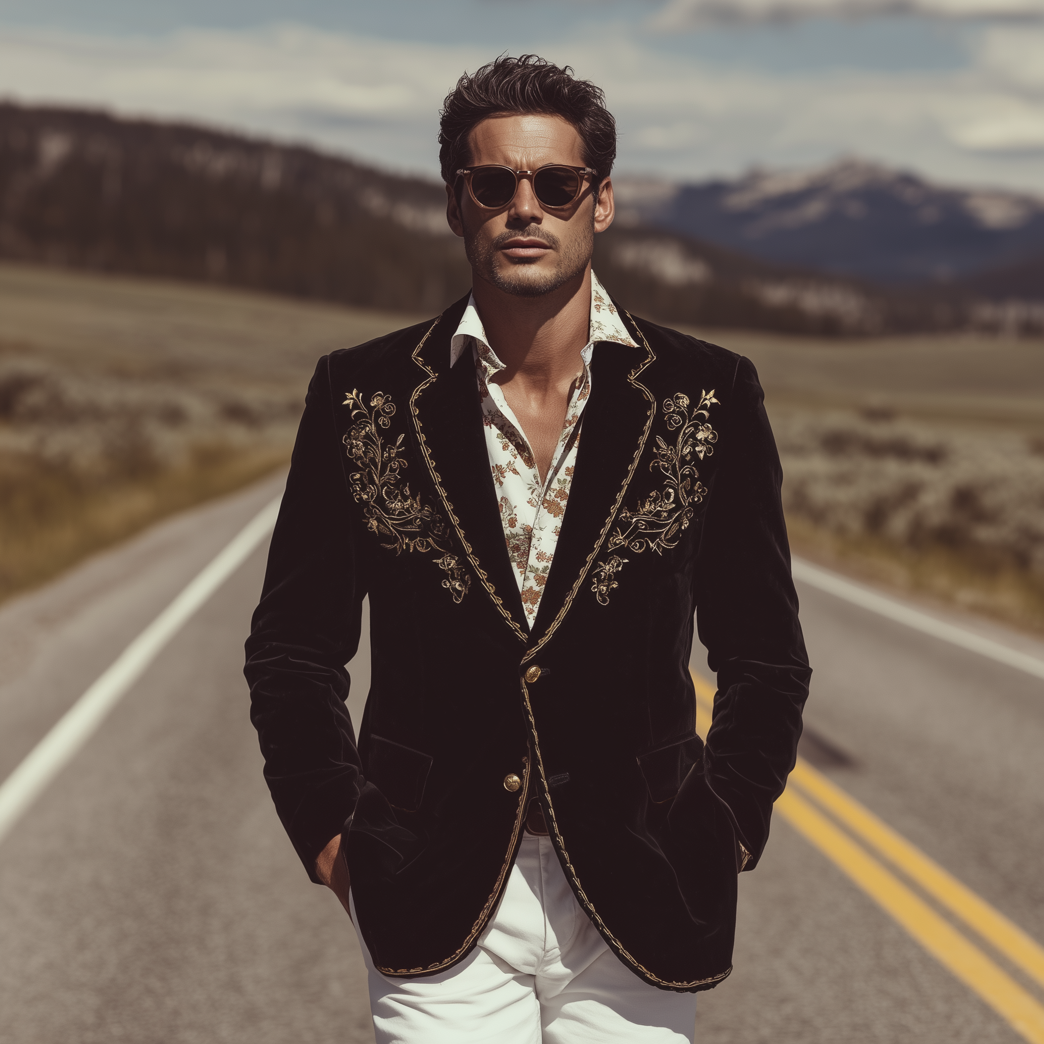 Men's Classic Retro Western Style Velvet Embroidered Single-breasted Slim-fit Blazer MTA1510H8K