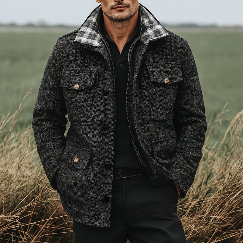 Men's Retro Casual Herringbone Lapel Multi-Pocket Jacket MTA1461K6TO