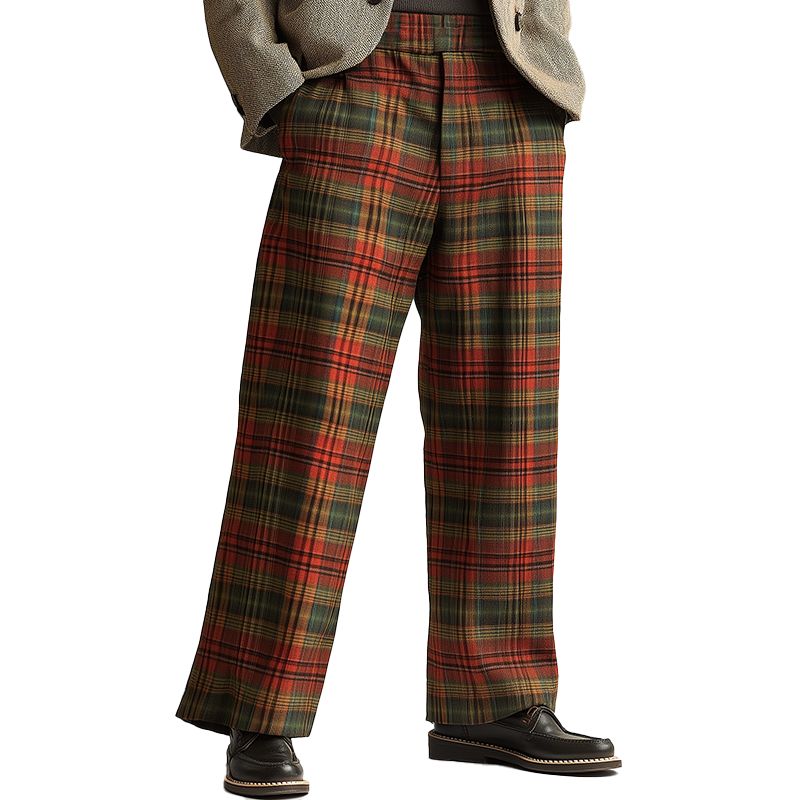 Men's Retro Christmas Style Plaid Print Cotton Blend Trousers MTA0159K6P
