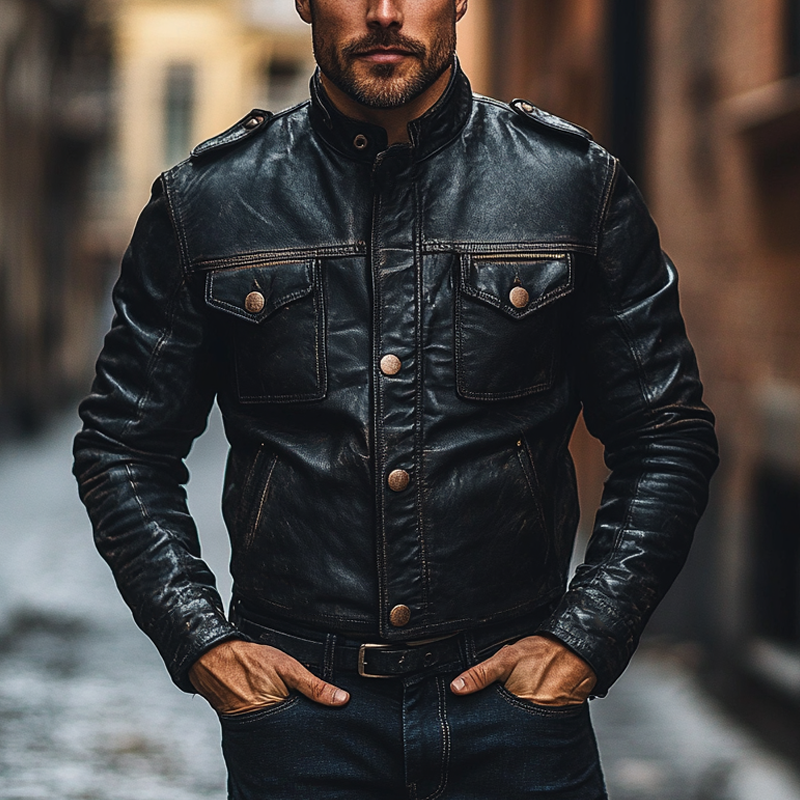 Men's Retro Motorcycle Style Multi-Pocket Stand Collar PU Jacket MTA1862H4X