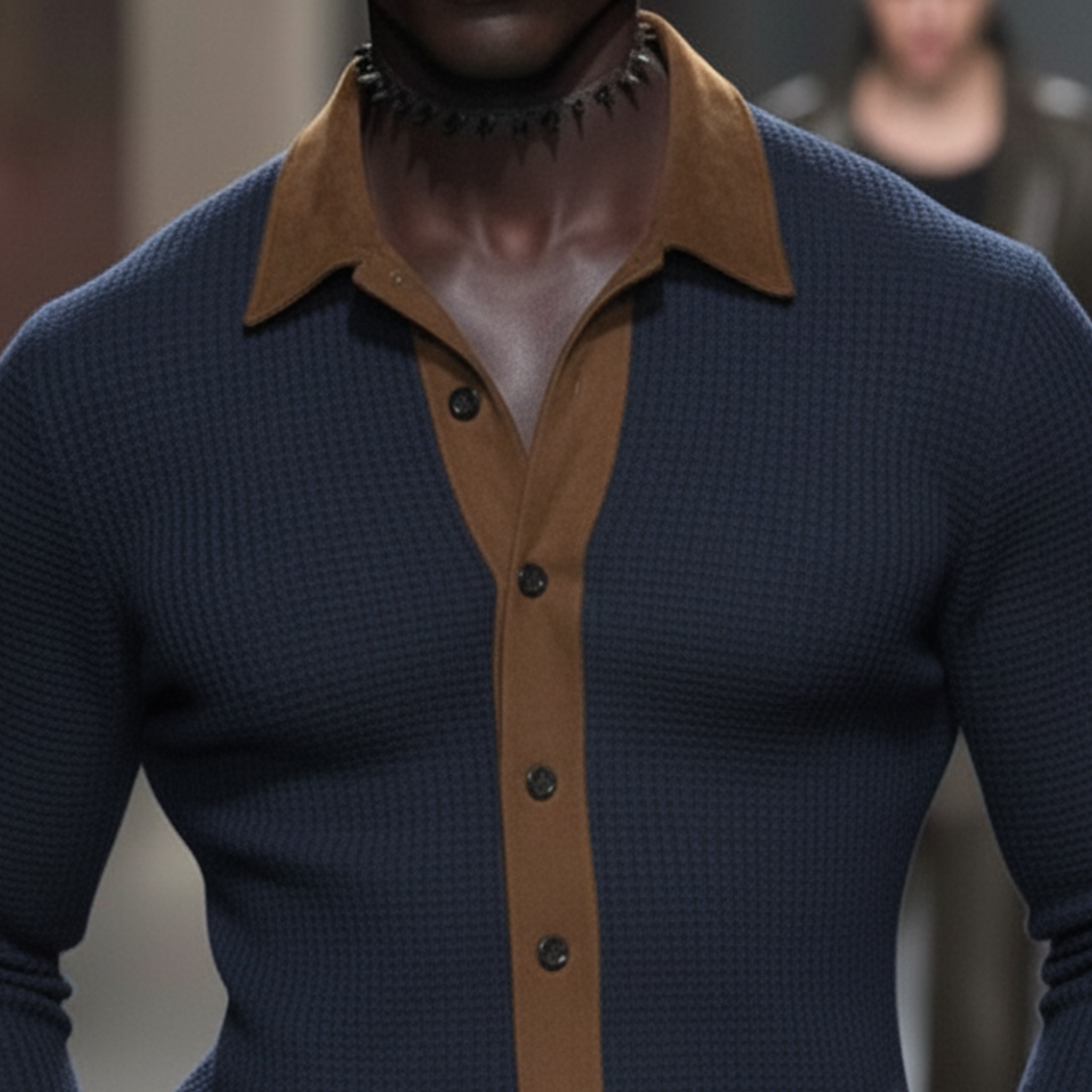 Men's Classic Casual Suede And Waffle-knit Patchwork Slim-fit Long-sleeved Shirt MTA0877L4K