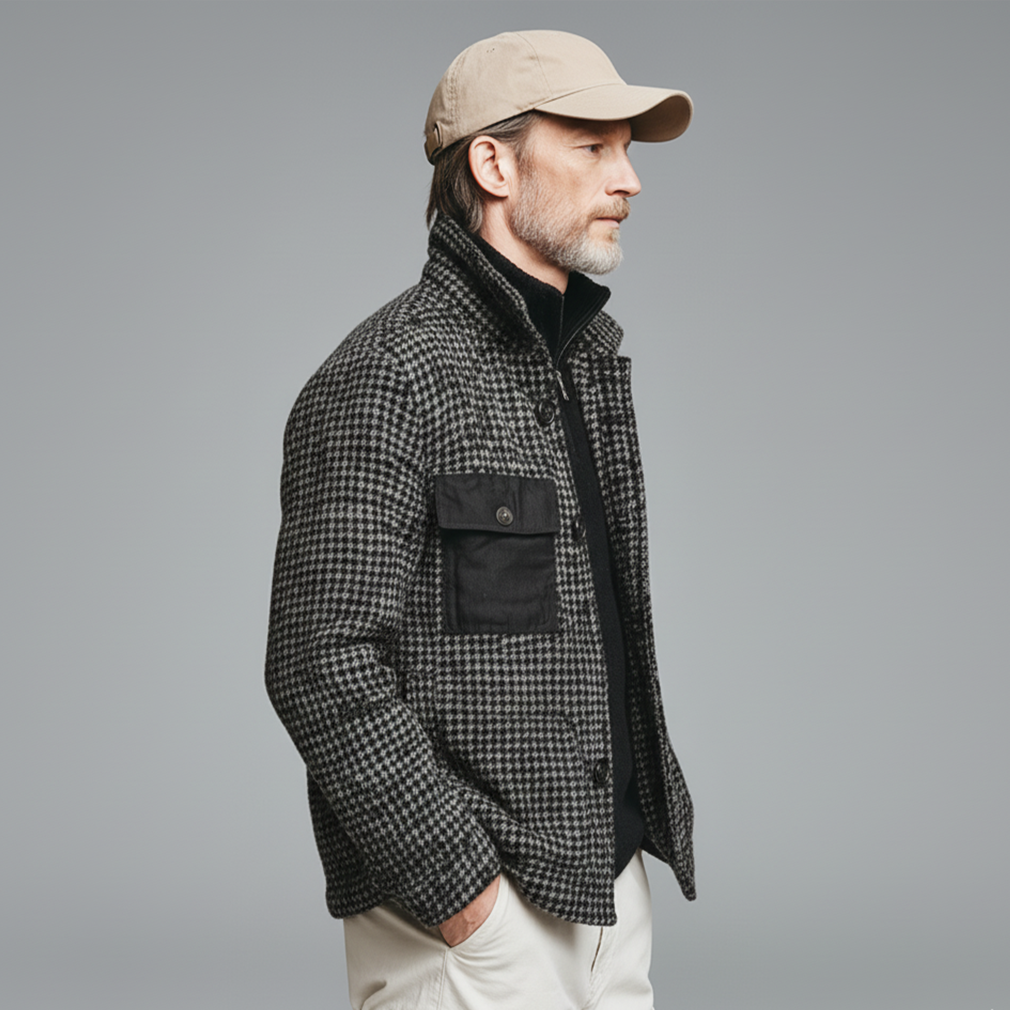 Men's Classic Casual Pocket Cotton Blend Stand Collar Faux Houndstooth Wool Jacket MTA1683J6K