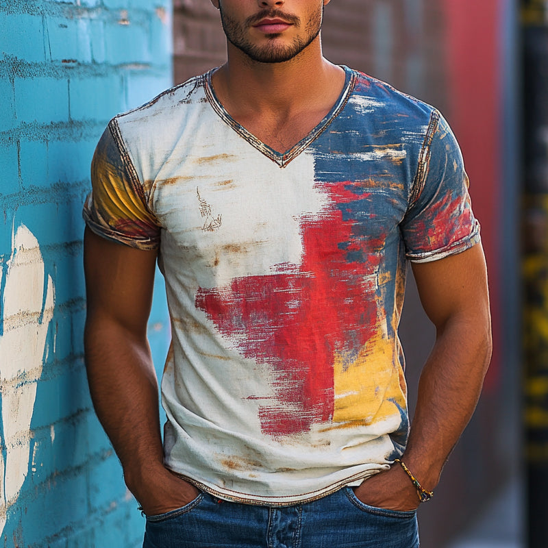 Men's Colorful Printed V-Neck Short Sleeve T-Shirt MTA2467E6X