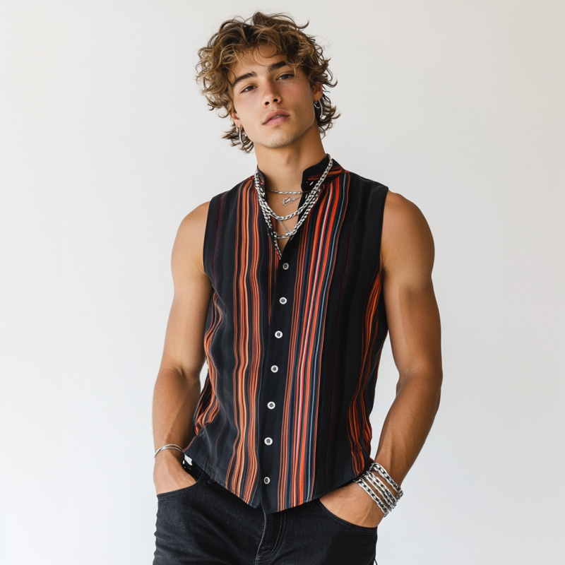 Men's Casual Contrast Color Stripe Print Stand Collar Slim Fit Sleeveless Shirt MTA2885D5M