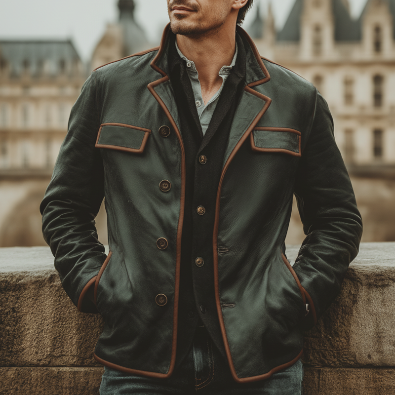 Men's Classic Color-blocked Lapel Button PU Leather Jacket MTA2958J3U