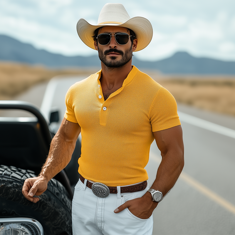 Men's Spring And Summer Fashion Casual Western Style Henley Collar Slim Fit Knit Short Sleeve T-Shirt MTA1436E0K