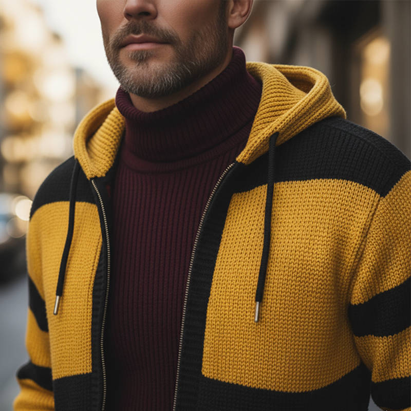 Men's Winter Retro Color Block Cotton Yarn Knitted Hooded Cardigan MTA0349K3P