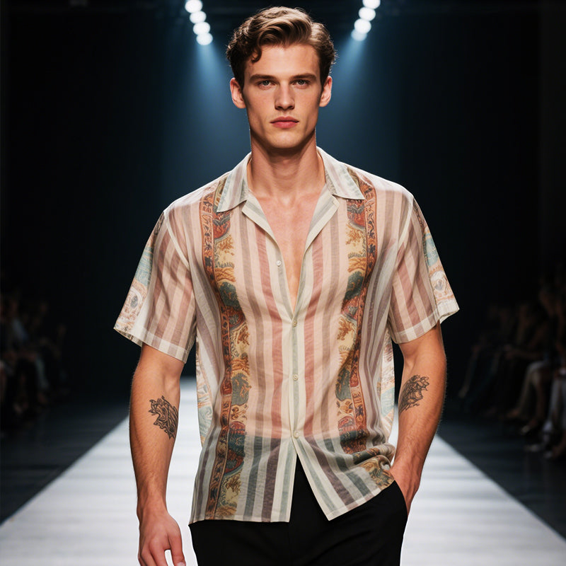 Men's Retro Casual Mesh Stripe Print Lapel Short Sleeve T-Shirt MTA2209E6TO