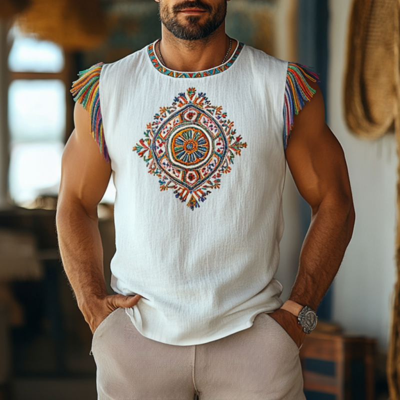 Men's Bohemian Embroidered Tassel Cotton Linen Round Neck Slim Fit Tank Top MTA2915E4M