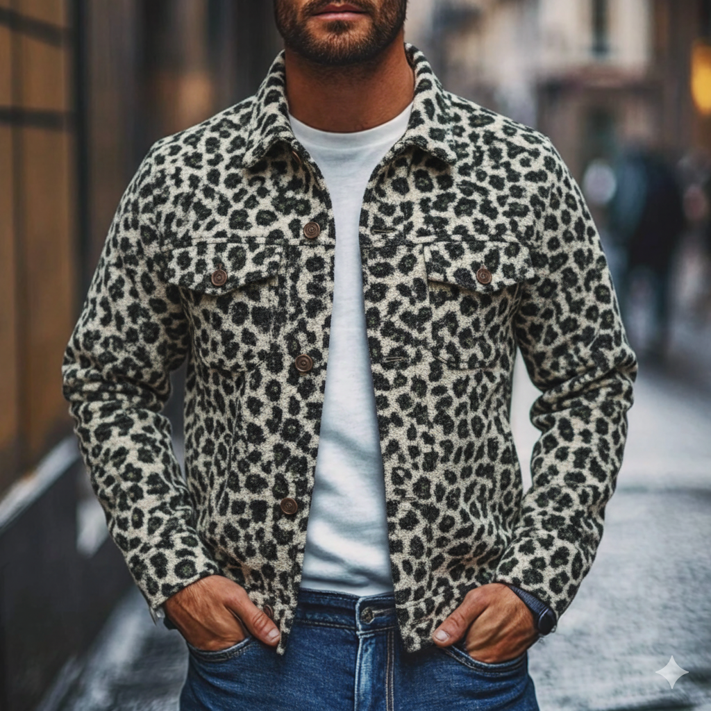 Men's Vintage Leopard Jacquard Polar Fleece Lapel Jacket MTA2988I0X