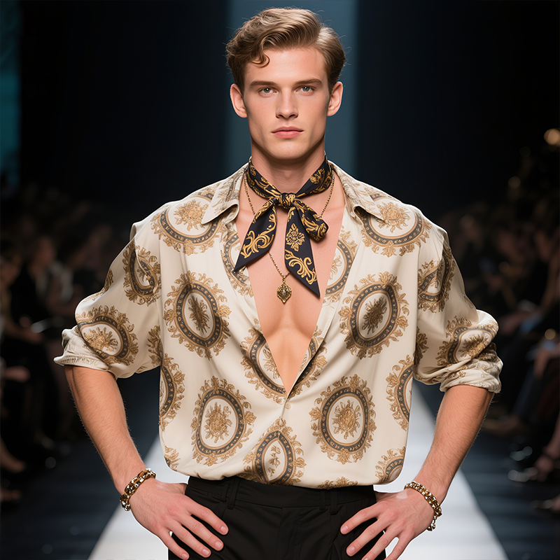 Men's Classic Retro Style Baroque Print Lapel Long Sleeve Shirt MTA2544F8TO