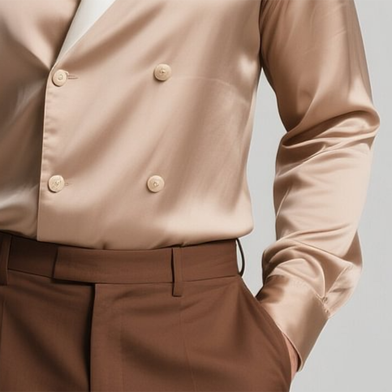 Men's Colorblock Satin Lapel Double Breasted Long Sleeve Shirt MTA0128G9Y