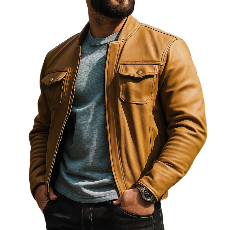 Men's Classic Orange Zip-up PU Leather Motorcycle Jacket MTA0403K9U