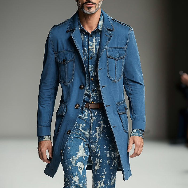 Men's Vintage Washed Navy Style Mid-Length Denim Trench Coat MTA2521G4X