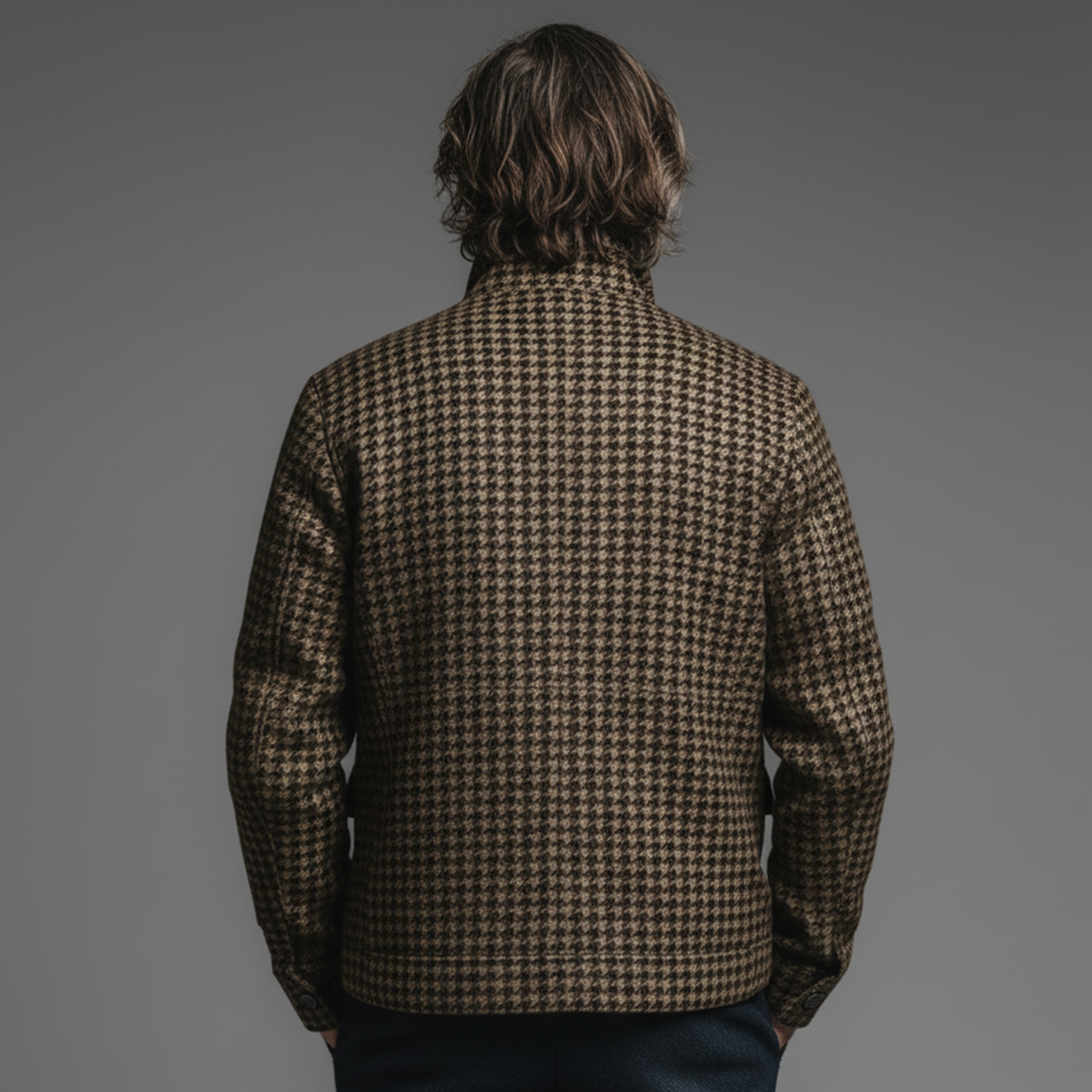 Men's Classic Casual Stand Collar Faux Houndstooth Wool Multi-pocket Zipper Jacket MTA1347J4K