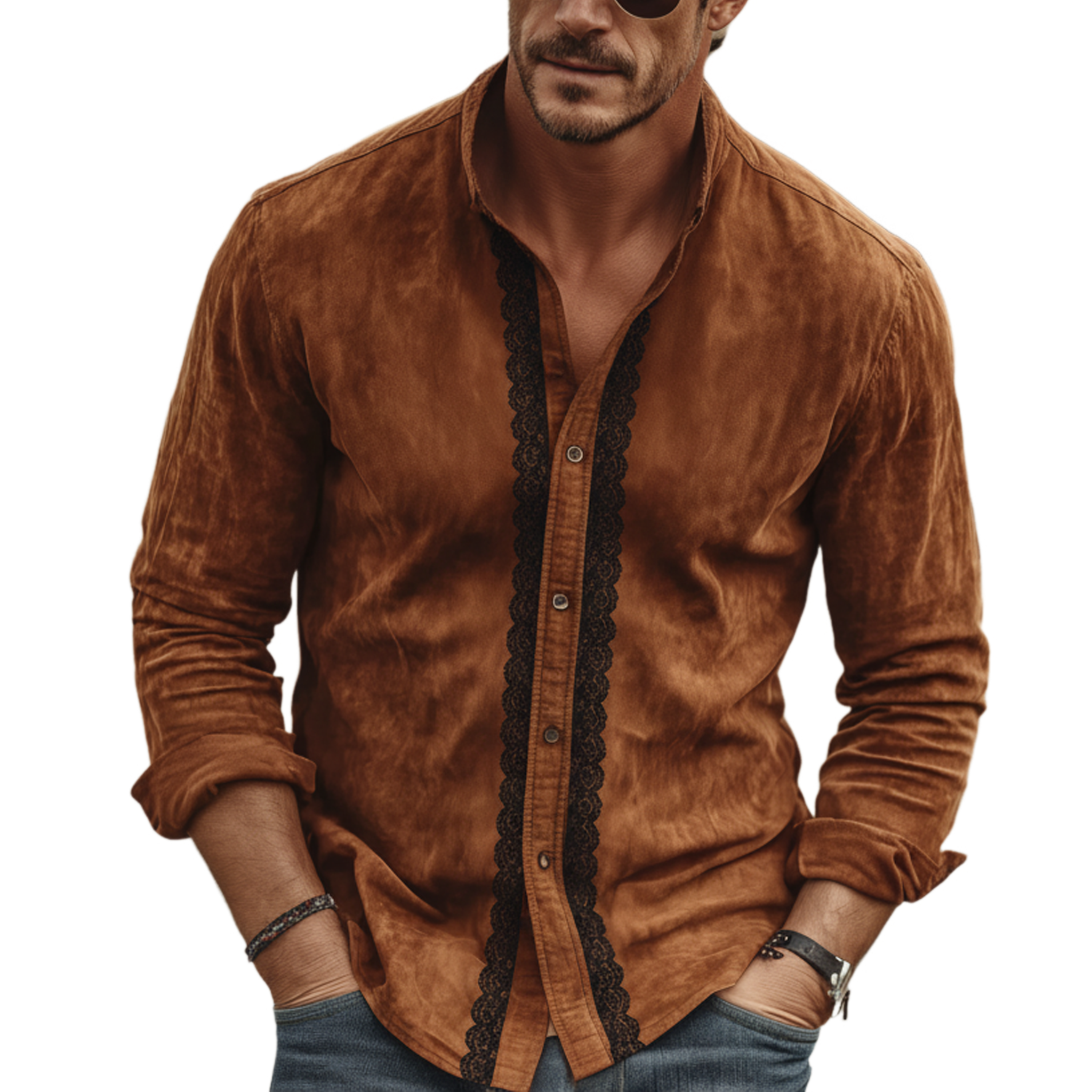 Men's Classic Vintage Western Style Decorative Lace Stand-collar Faux Suede Long-sleeved Shirt MTA2273L9K