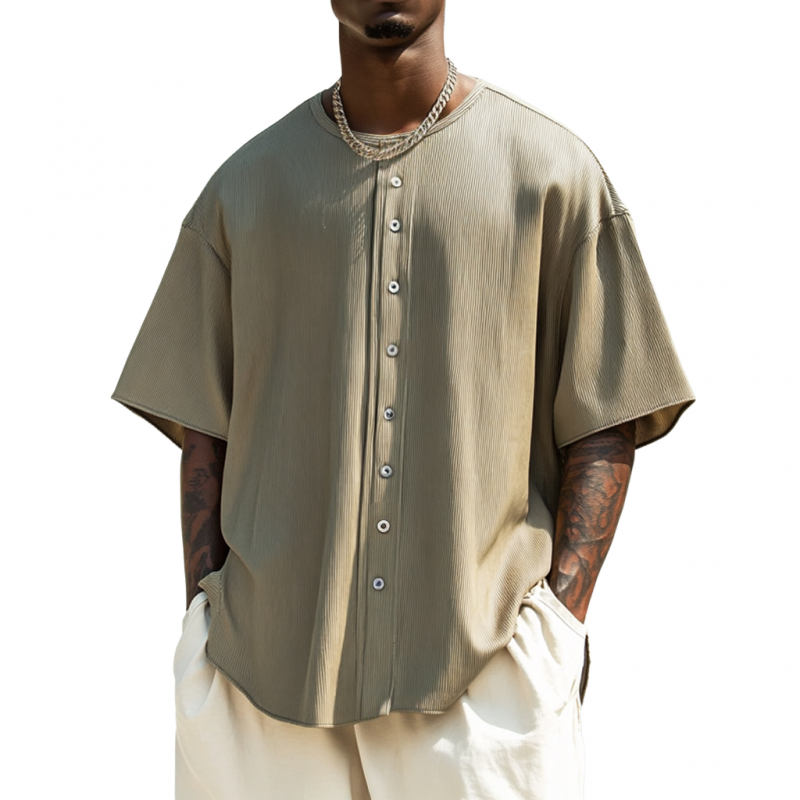 Men's Fashionable Button Decorated Round Neck Loose Short Sleeve Pullover T-Shirt MTA1349E1M