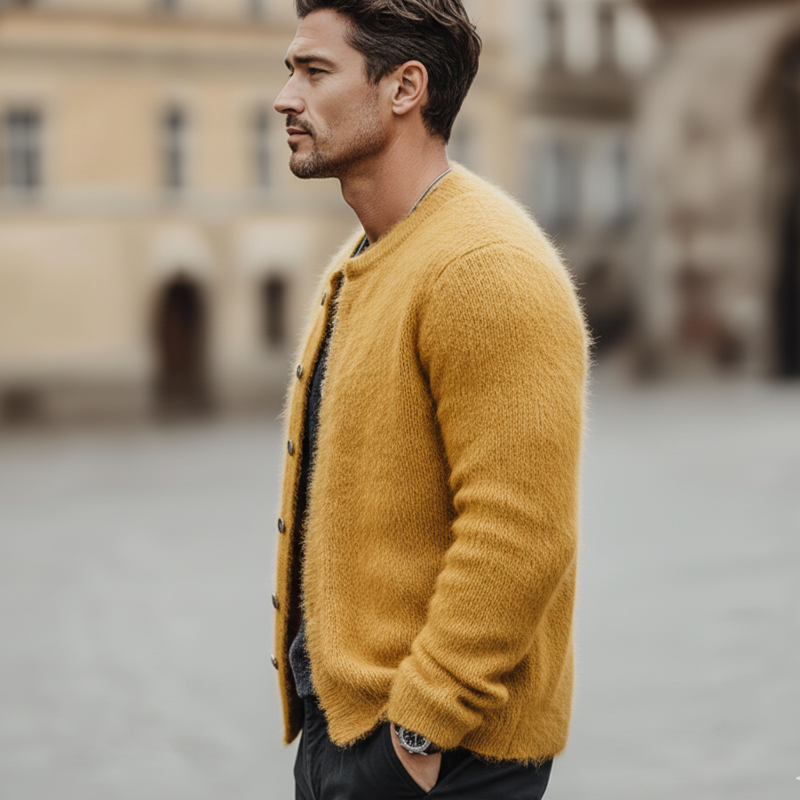 Men's Classic Mustard Yellow Faux Mink Fur Knitted Cardigan MTA1007L3U