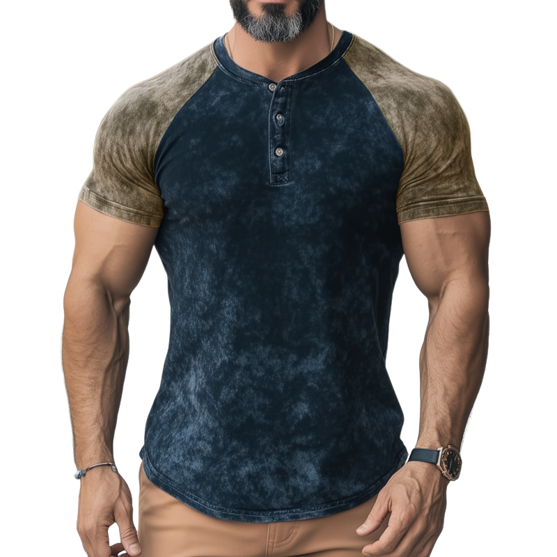 Men's Casual Distressed Colorblock Print Henley Collar Slim Fit Short Sleeve T-shirt MTA0329G9M