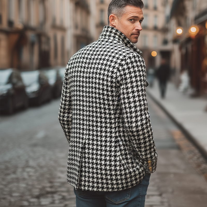 Men's Retro Classic Houndstooth Stand Collar Single Vent Faux Wool Jacket MTA3158J6U