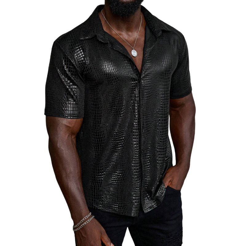 Men's Vintage Crocodile Pattern PU Lapel Loose Short Sleeve Shirt MTA1331E9M