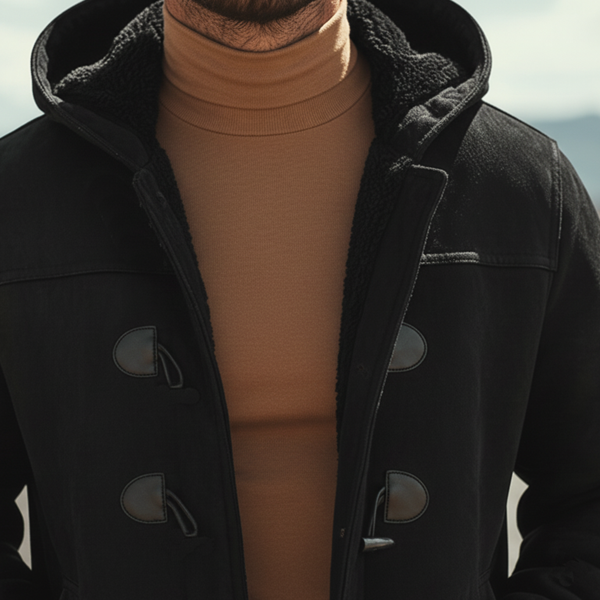 Men's Classic Retro Hooded Fleece Lined Horn Button Faux Suede Jacket MTA0197K1K