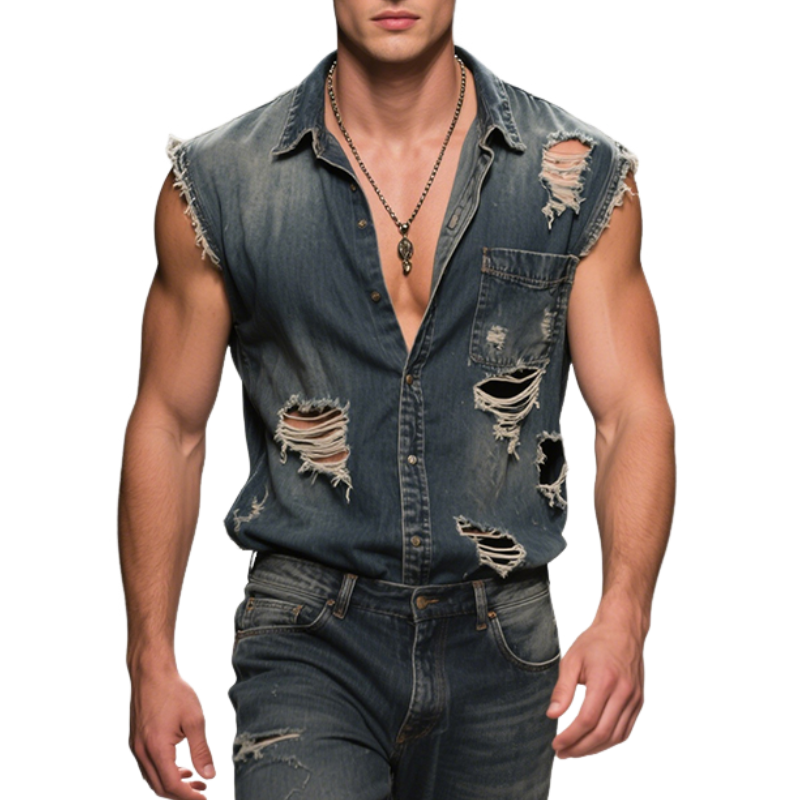Herre retro casual denimskjorte med slitt slag og ermeløs krage MTA2938E2TO