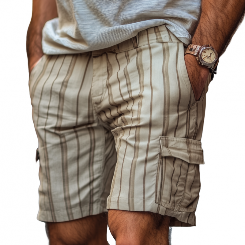 Men's Casual Breathable Contrast Stripe Cotton Multi-Pocket Cargo Shorts MTA0988F2M