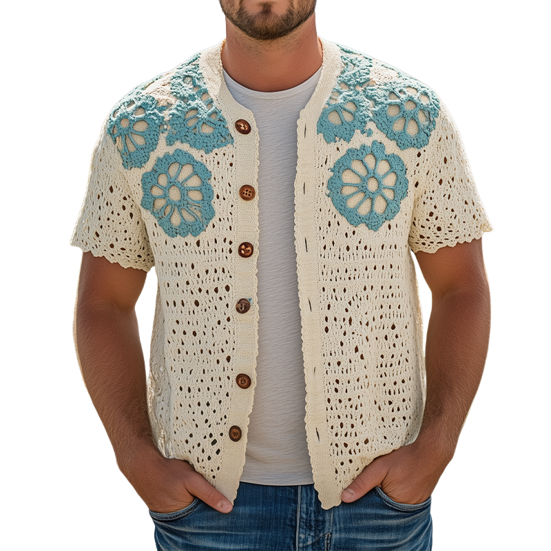 Men's Summer Fashion Casual Hollow Crochet Flower Knitted Short Sleeve Shirt MTA2768F3K