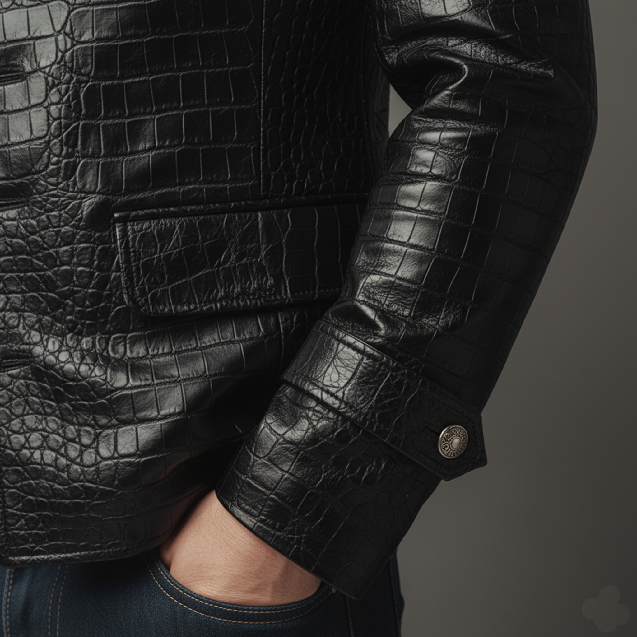 Men's Classic Casual Stand Collar Crocodile Leather Texture Pu Leather Jacket MTA1571J1K