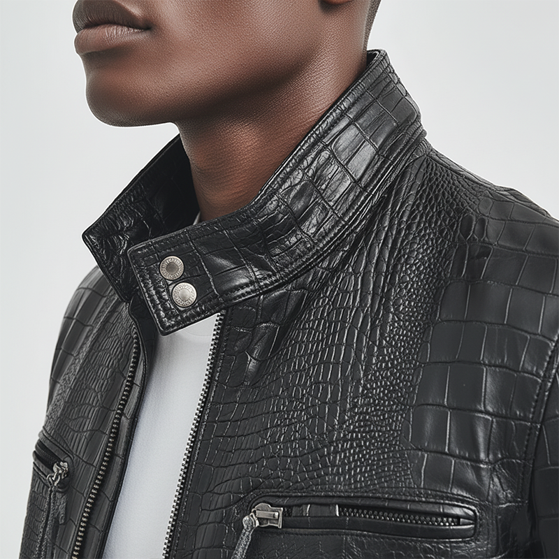 Men's Winter Fashion Glossy Crocodile-pattern PU Leather Mid-length Jacket MTA3016I1P