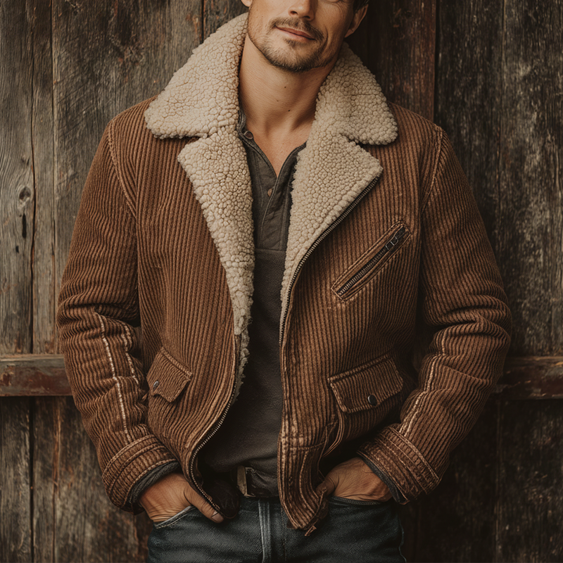 Men's Winter Fashion Washed Corduroy Polar Fleece Lined Cropped Jacket MTA2506I1P