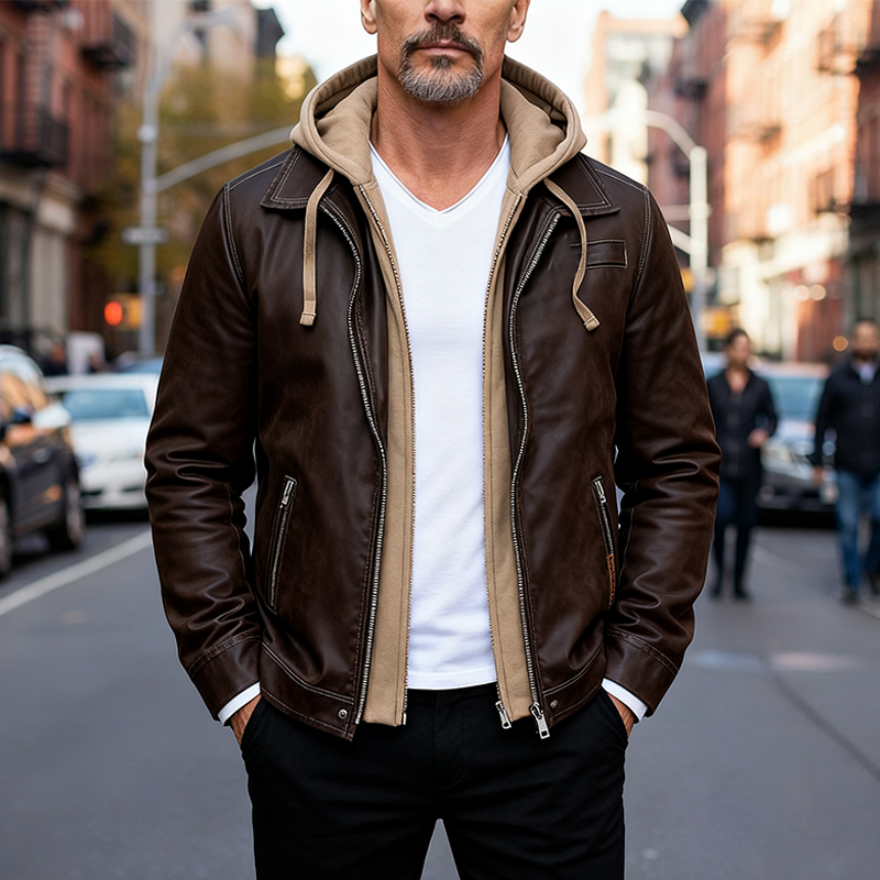 Men's Casual Loose-fitting Faux Two-piece Hooded PU Jacket MTA1173K2X